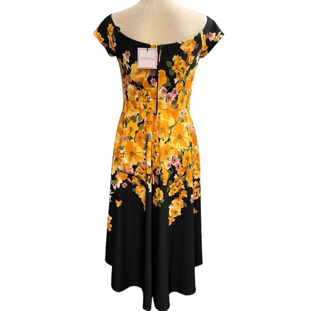 Premier Amour Dress Women 6 Black Yellow Floral Asymmetrical Retro‎ Pin Up - Picture 3 of 12